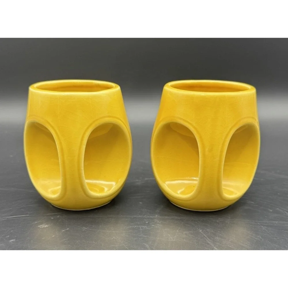 Vintage Bright Yellow Ceramic Tea Cups Set Of 8 MCM Japan Circular Handle 6-7 Oz